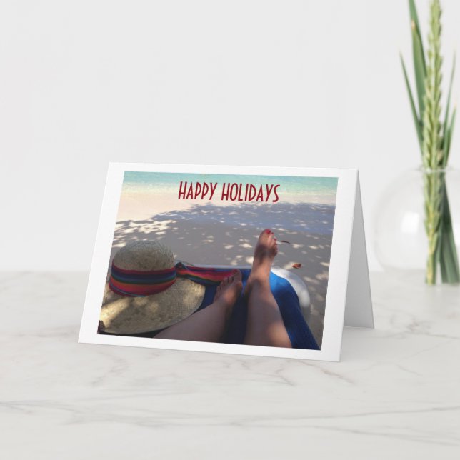 TARJETA FESTIVA LA PLAYA DESEA UNA FELIZ, CÁLIDA Y FELIZ VACACIONE (Anverso)