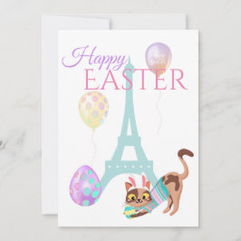 Tarjeta Festiva La Torre Eiffel de Pascua y los globos Cat Pastel