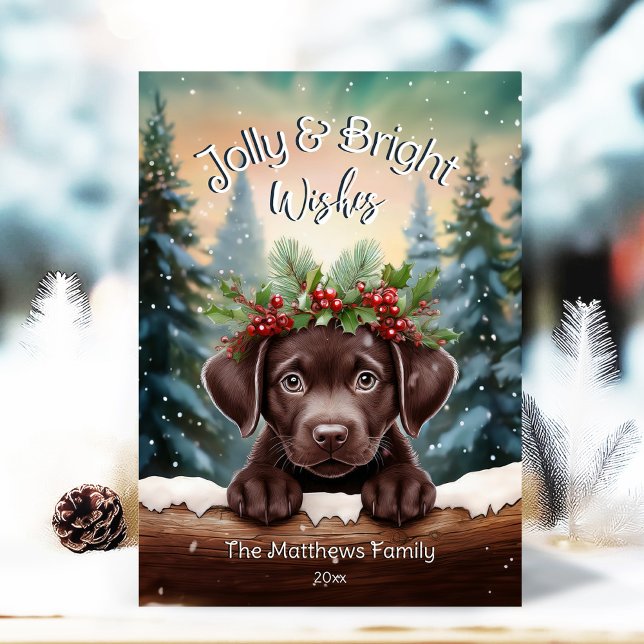 Tarjeta Festiva Laboratorio de chocolate de Peeking Jolly y brilla (Adorable Winter Snowy Scene With Peeking Dogs or Farm/Woodland Animals - Over 50 to Choose From!)