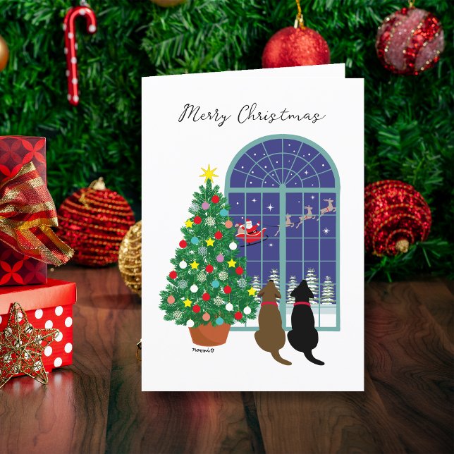Tarjeta Festiva Laboratorio negro, Navidades nocturnos mágicos de  (Black Lab, Chocolate Lab magical night Christmas Cards for Labrador Owners.  Santa Claus in the sky.)