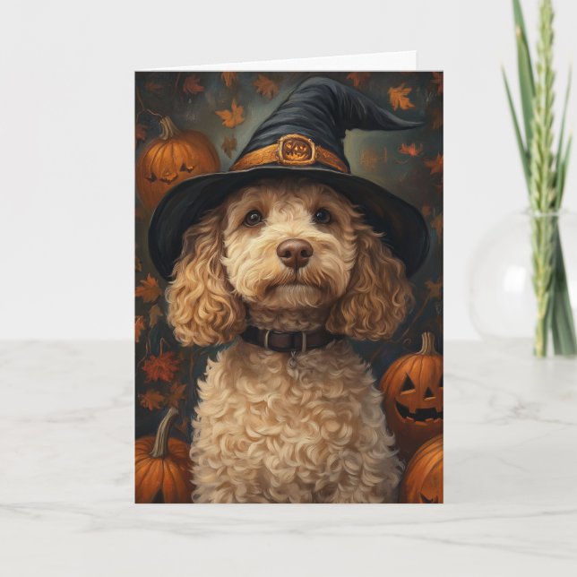 Tarjeta Festiva Labradoodle amarillo de Halloween (Anverso)