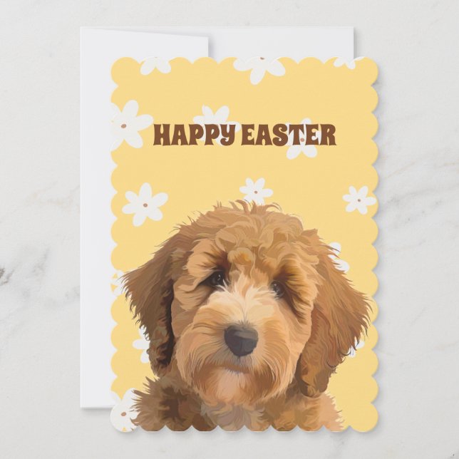 Tarjeta Festiva Labradoodle Amarillo Feliz Pascua Floral Vacuna de (Anverso)