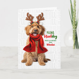 Tarjeta Festiva Labradoodle Perro Divertido Pulgas Navidog con Nom