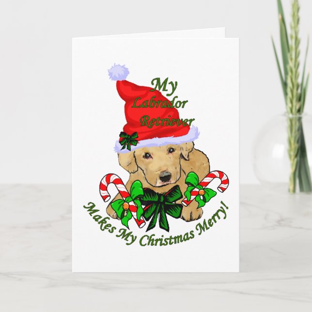 Tarjeta Festiva Labrador amarillo recupera regalos de Navidades (Anverso)