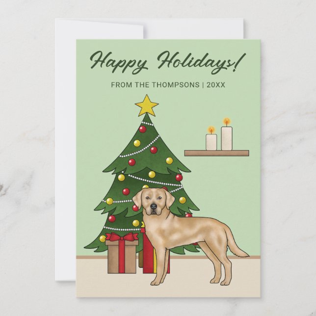 Tarjeta Festiva Labrador amarillo recuperó Navidades verdes festiv (Anverso)