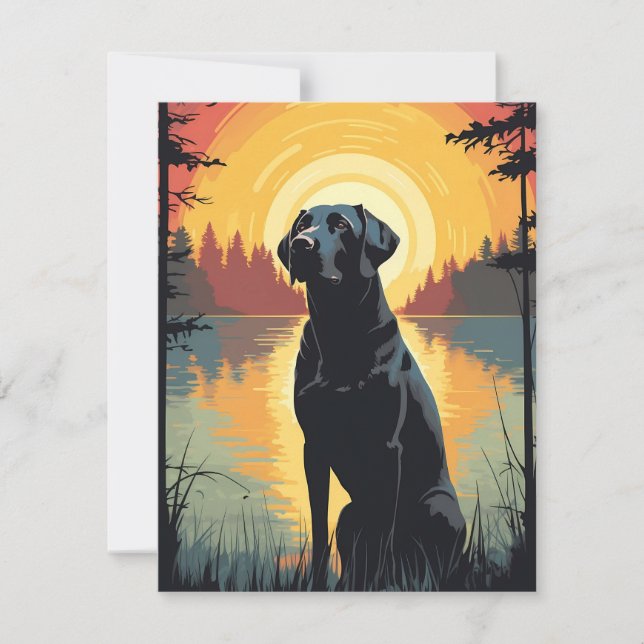 Tarjeta Festiva Labrador en el bosque al atardecer (Anverso)