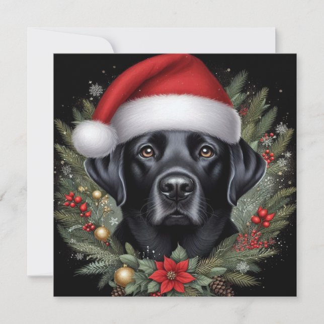 Tarjeta Festiva Labrador negro festivo con sombrero Santa (Anverso)