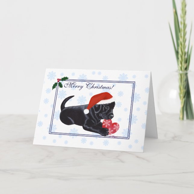 Tarjeta Festiva Labrador negro recupera Navidades con copo de niev (Anverso)