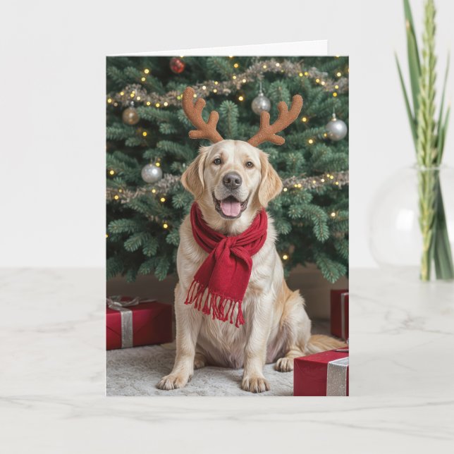 Tarjeta Festiva Labrador recuperador de renos con pollos de renos (Anverso)