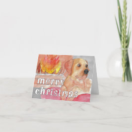 Tarjeta Festiva Labrador Retriever junto a la chimenea