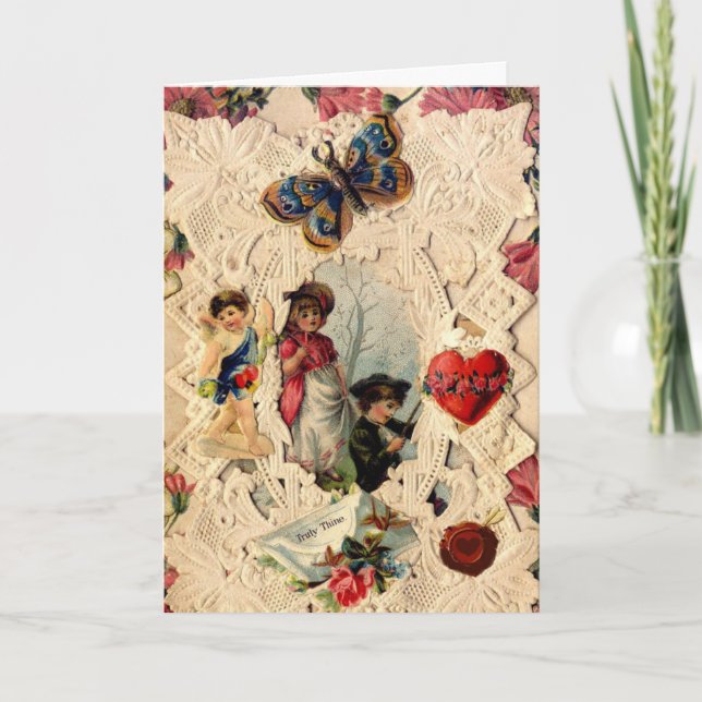 TARJETA FESTIVA LACE DE VÁLENTINA ANTIGUA, CUPIDA, AMANTES Y MARIP (Anverso)