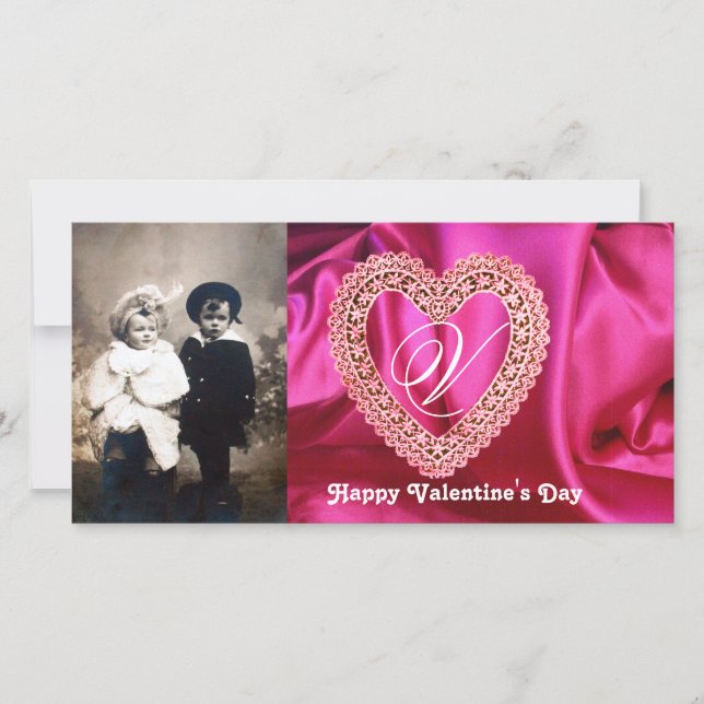 Tarjeta Festiva LACE HEART MONOGRAM SILK FUCHSIA CLOTH , Rojo rosa (Anverso)