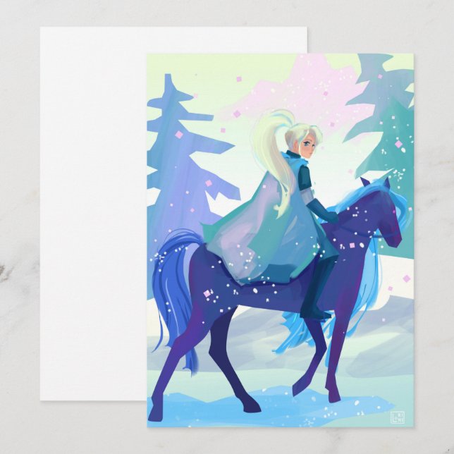 Tarjeta Festiva Lady Knight en un bosque nevado (Anverso / Reverso)