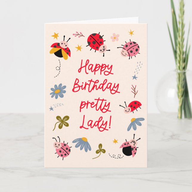 Tarjeta Festiva Ladybug Feliz cumpleaños, Bonito Lady (Anverso)
