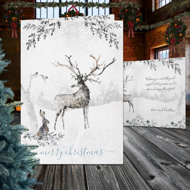 Tarjeta Festiva Lágrimas De Invierno, Renos De Bosque Y Amigos (Snowy Winter Woodland Reindeer And Friends Holiday Card)