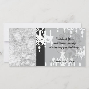 Tarjeta Festiva lámpara de araña elegante damasco blanco negro