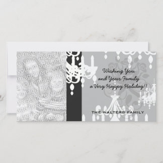 Tarjeta Festiva lámpara de araña elegante damasco blanco negro