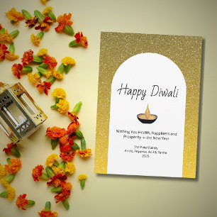 Tarjeta Festiva Lámpara de llama Diya con purpurina Feliz Diwali