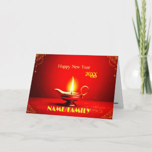 Tarjeta Festiva Lámpara Diya Tradicional – Feliz Año Nuevo Elegant
