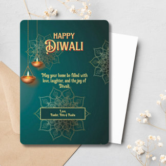 Tarjeta Festiva Lámparas de oro verdes Diwali Mandala