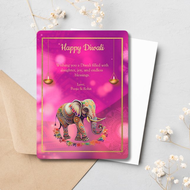 Tarjeta Festiva Lámparas Diwali Purple Gold Elephant (Subido por el creador)