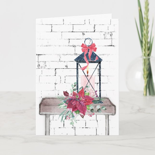 Tarjeta Festiva Lantern y Poinsettia Bouquet (Anverso)
