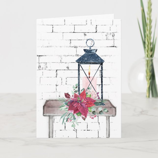 Tarjeta Festiva Lantern y Poinsettia Bouquet (Anverso)
