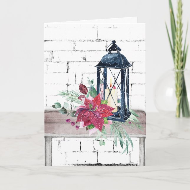 Tarjeta Festiva Lantern y Poinsettias navidades (Anverso)