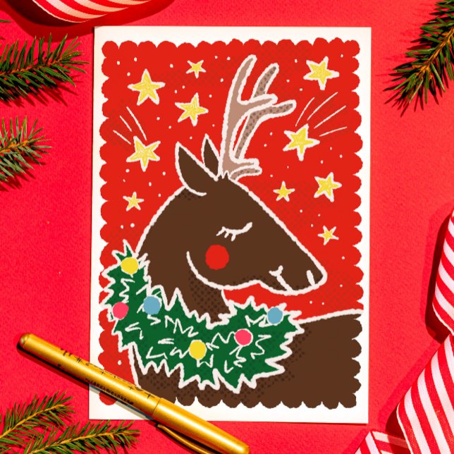 Tarjeta Festiva Lápiz de estilo retro colorido (flat holiday card with illustrated retro style Christmas reindeer with wreath around neck)