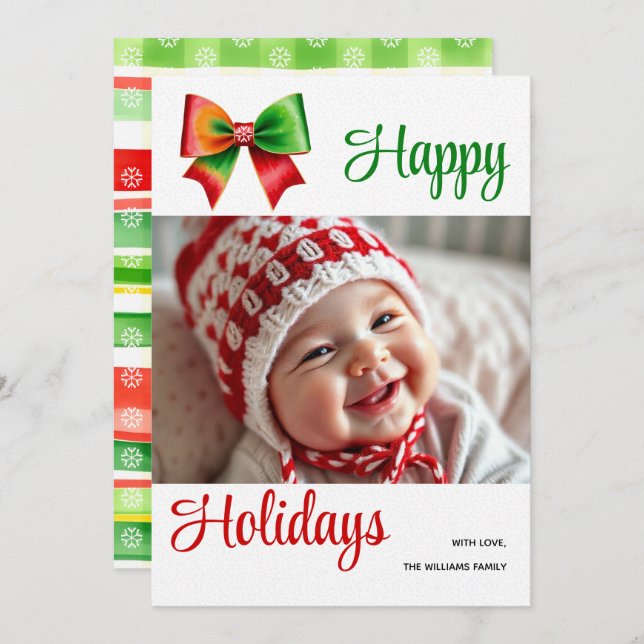 Tarjeta Festiva Large red, green bow and stripes Christmas photo (Anverso / Reverso)