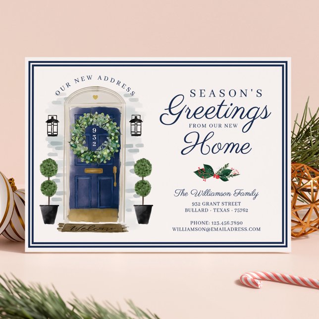 Tarjeta Festiva Las estaciones saludan la nueva puerta acuarela de (Seasons Greetings New Home Navy Watercolor Door Holiday Card)