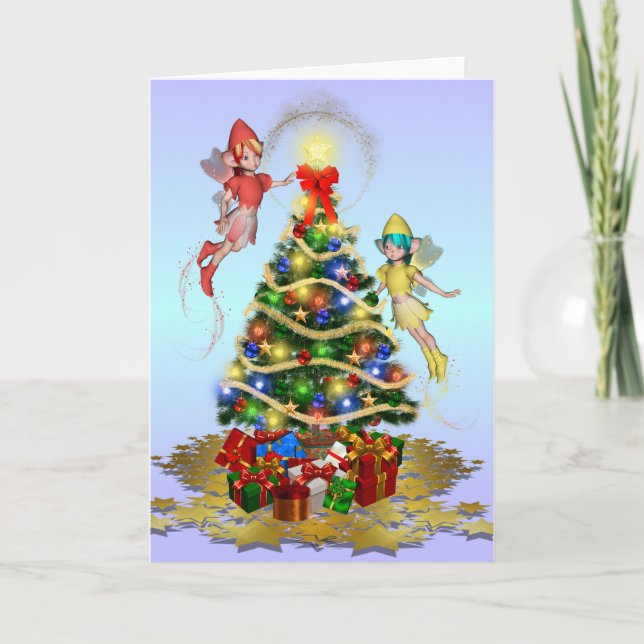 Tarjeta Festiva Las hadas navidades decoran el árbol (Anverso)