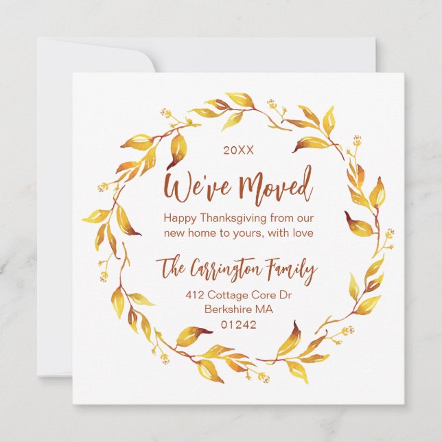 Tarjeta Festiva Las hojas de otoño de acuarela nos hemos mudado. (Anverso)