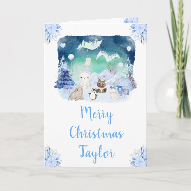 Tarjeta Festiva Las luces del norte de los animales del Ártico Fel (Anverso)