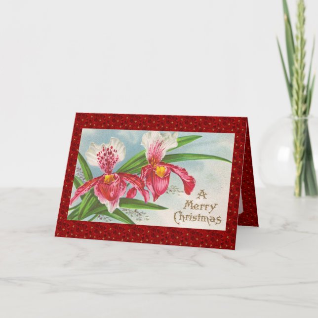Tarjeta Festiva Las orquídeas navideñas vintage (Anverso)