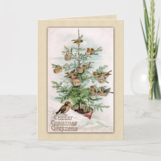Tarjeta Festiva Las viejas aves navideñas recortan el árbol (Anverso)