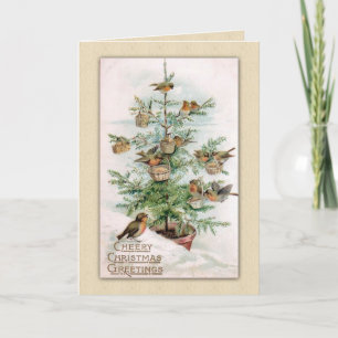 Tarjeta Festiva Las viejas aves navideñas recortan el árbol