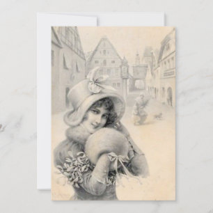 Tarjeta Festiva Las viejas Navidades francesas Gorra Muff Mistleto