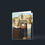 Tarjeta Festiva Latke americano (Thanksgivukkah)<br><div class="desc">Gracias perfecto para la familia,  amigos o cualquier persona con sentido del humor. El clásico cuadro gótico americano incluye un pestillo en la horquilla del granjero y una minúscula menorah en la ventana del ático.</div>