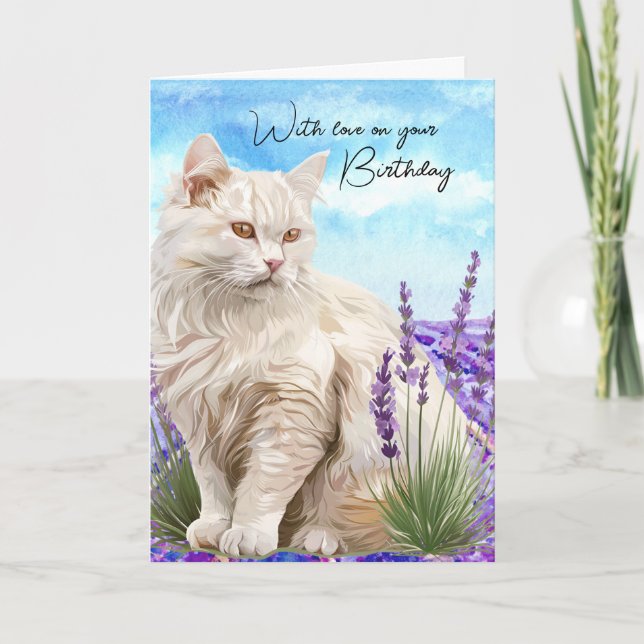 Tarjeta Festiva Lavanda de gato blanco con amor Cumpleaños (Anverso)