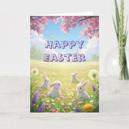 Tarjeta Festiva Lavanda Pascua Lindo Conejo Blanco Floral Primaver