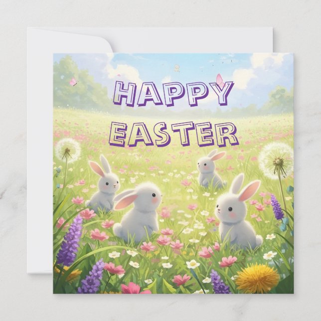 Tarjeta Festiva Lavender Easter Cute White Bunny Floral Spring  (Anverso)