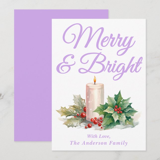 Tarjeta Festiva Lavender Guión manuscrito morado y brillante (Anverso / Reverso)