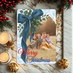 Tarjeta Festiva Lazo azul marino elegante y fotografía de follaje
