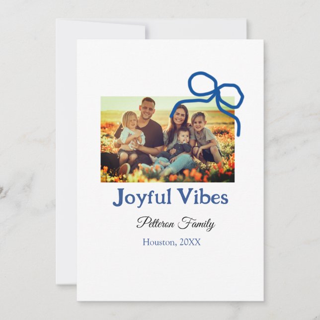 Tarjeta Festiva Lazo azul vibraciones alegres agregar nombre de fa (Anverso)