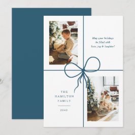 Tarjeta Festiva Lazo de cinta azul moderno envolviendo 2 fotos Nav