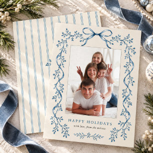 Tarjeta Festiva Lazo de cinta azul vertical con raya de ticking Fo