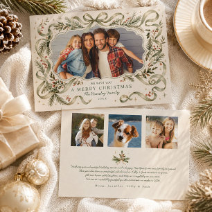 Tarjeta Festiva Lazo de cinta verde salvia Vintage familia de pino