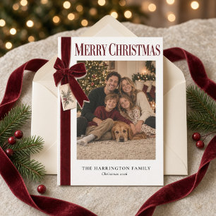 Tarjeta Festiva Lazo de terciopelo borgoña Familia Foto Feliz Navi