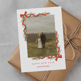 Tarjeta Festiva Lazo Rojo Elegante con Foto de Año Nuevo con Verdo